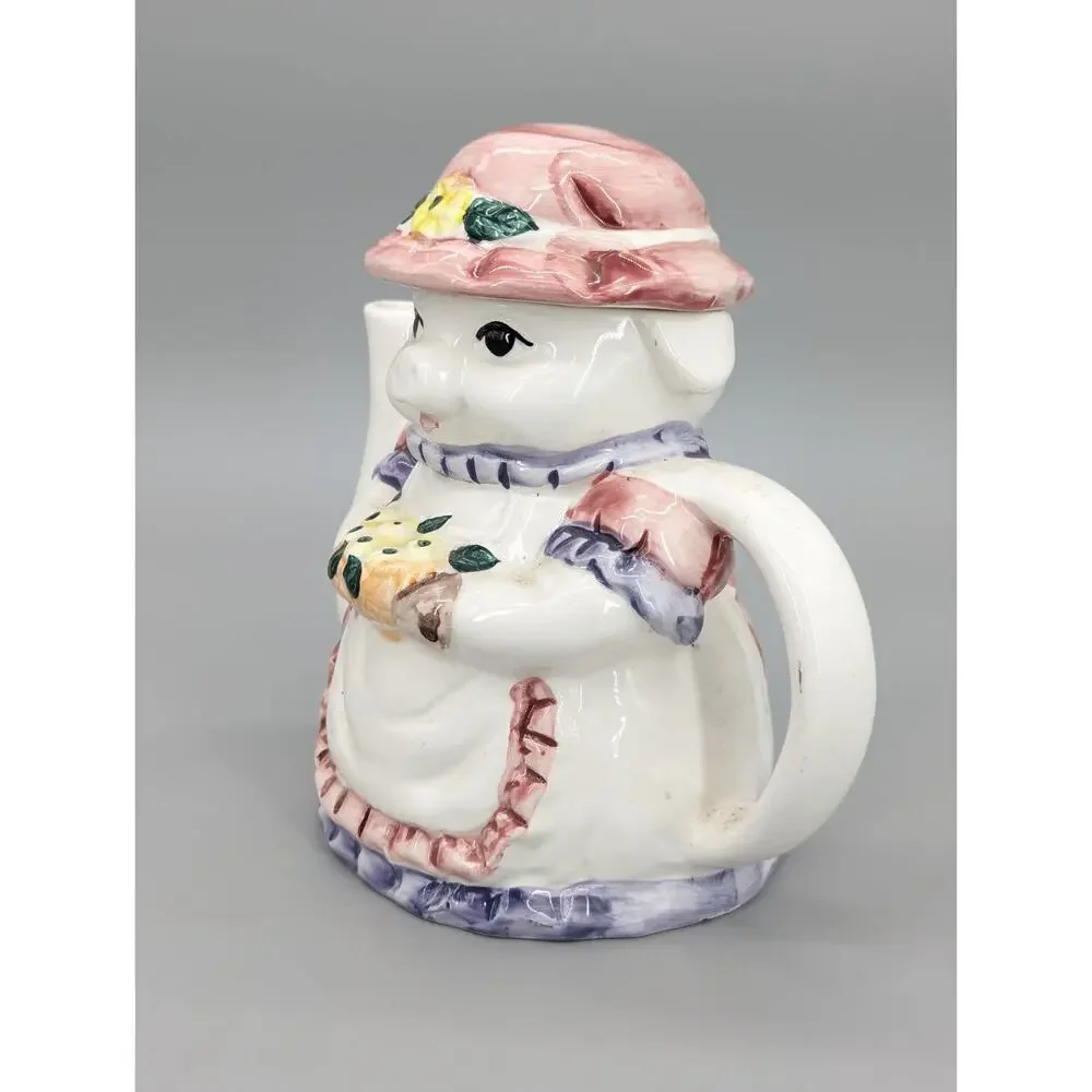 Anthropomorphic Ceramic Painted Pig & Flowers Tea Pot 6.5